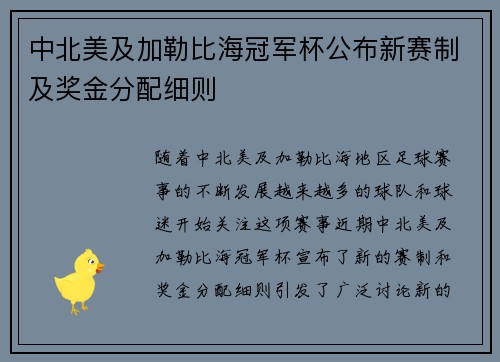 中北美及加勒比海冠军杯公布新赛制及奖金分配细则 中北美及加勒比海冠军杯公布新赛制及奖金分配细则