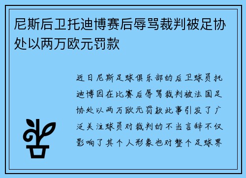 尼斯后卫托迪博赛后辱骂裁判被足协处以两万欧元罚款