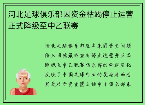 河北足球俱乐部因资金枯竭停止运营正式降级至中乙联赛 河北足球俱乐部因资金枯竭停止运营正式降级至中乙联赛